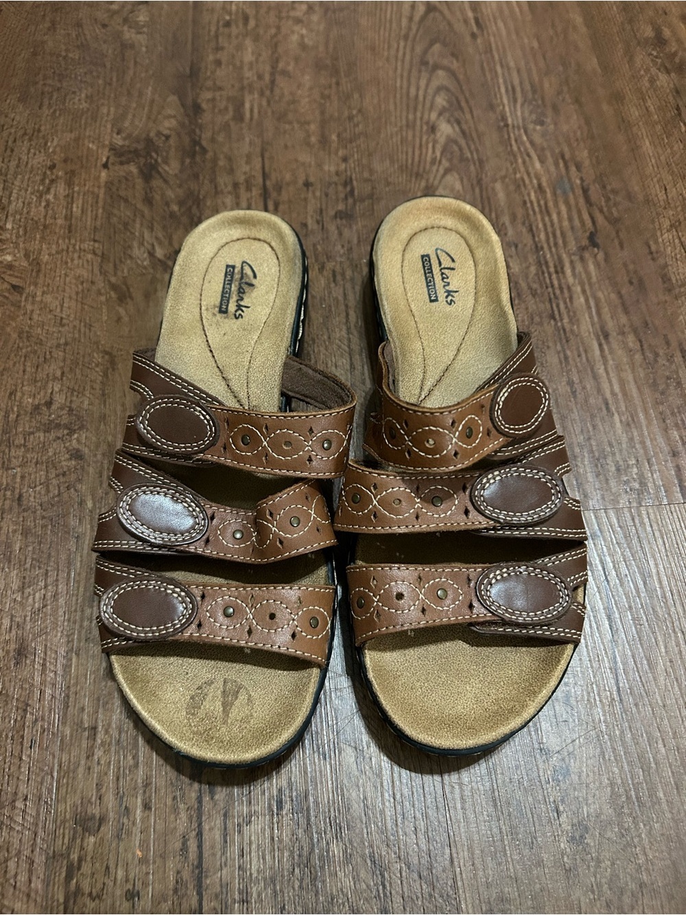 Clarks Brown Triple-Strap Leather Slide Sandals - Women's - Picture 2 of 4